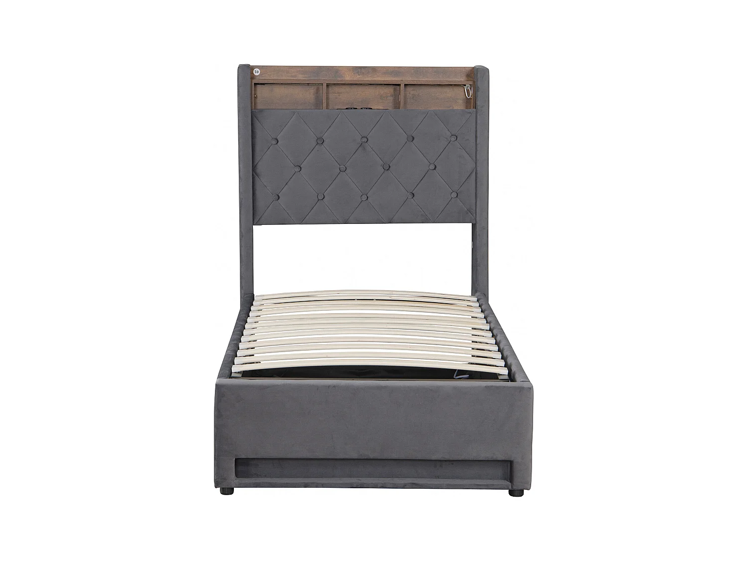 Lit coffre 90x190 cm, velours gris, Lit ado avec bande lumineuse LED et port de charge USB, sans matelas