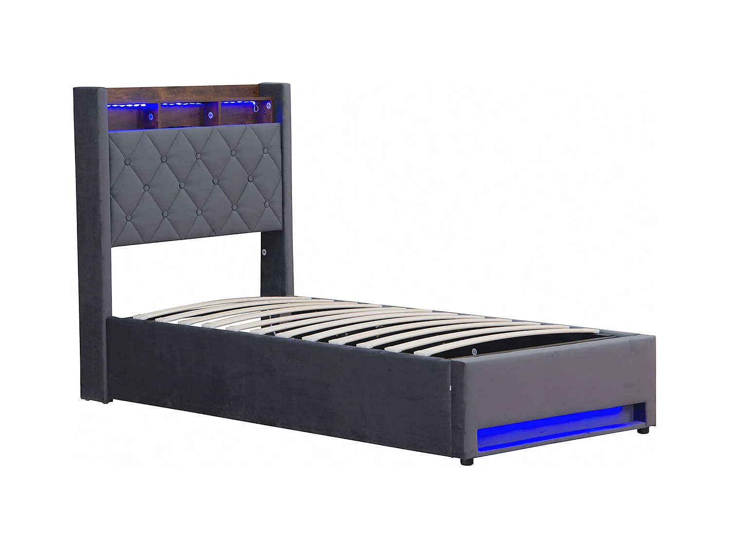 Lit coffre 90x190 cm, velours gris, Lit ado avec bande lumineuse LED et port de charge USB, sans matelas