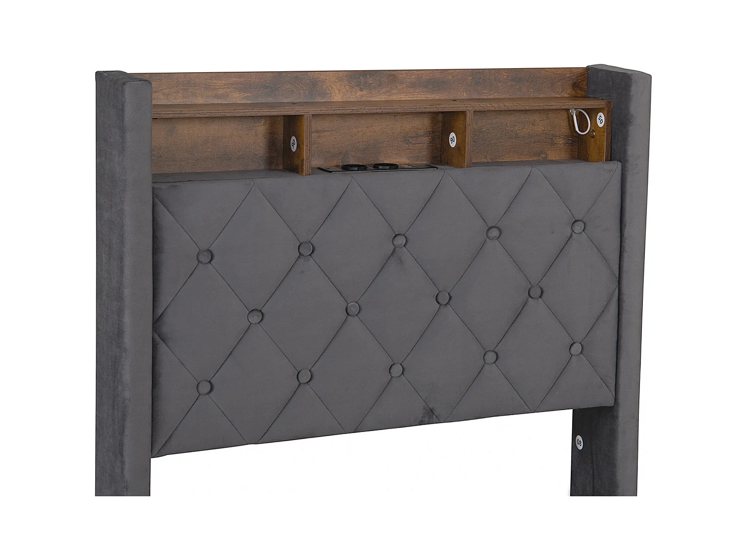 Lit coffre 90x190 cm, velours gris, Lit ado avec bande lumineuse LED et port de charge USB, sans matelas