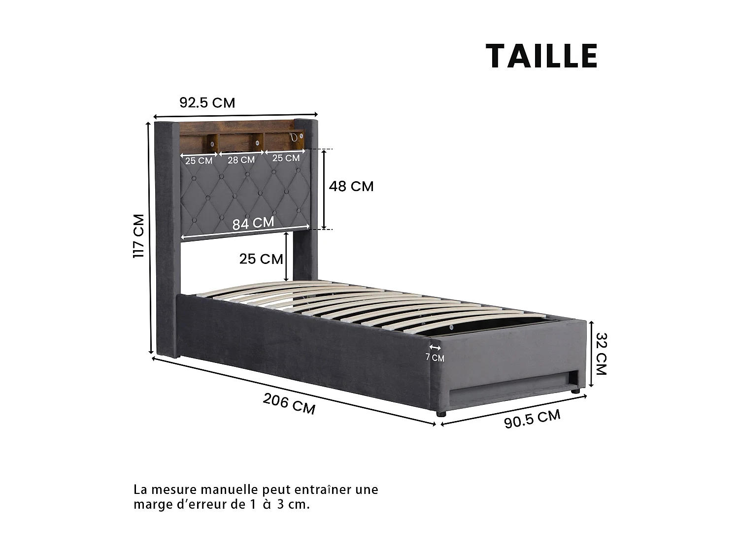 Lit coffre 90x190 cm, velours gris, Lit ado avec bande lumineuse LED et port de charge USB, sans matelas