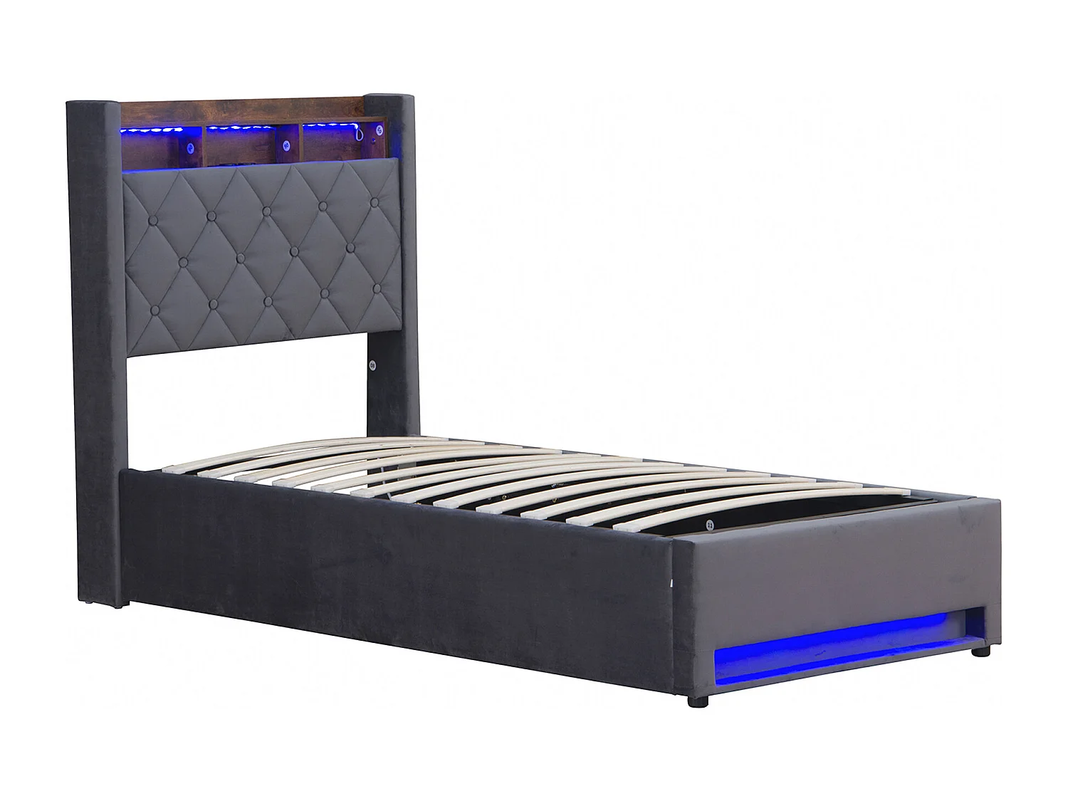 Lit coffre 90x190 cm, velours gris, Lit ado avec bande lumineuse LED et port de charge USB, sans matelas