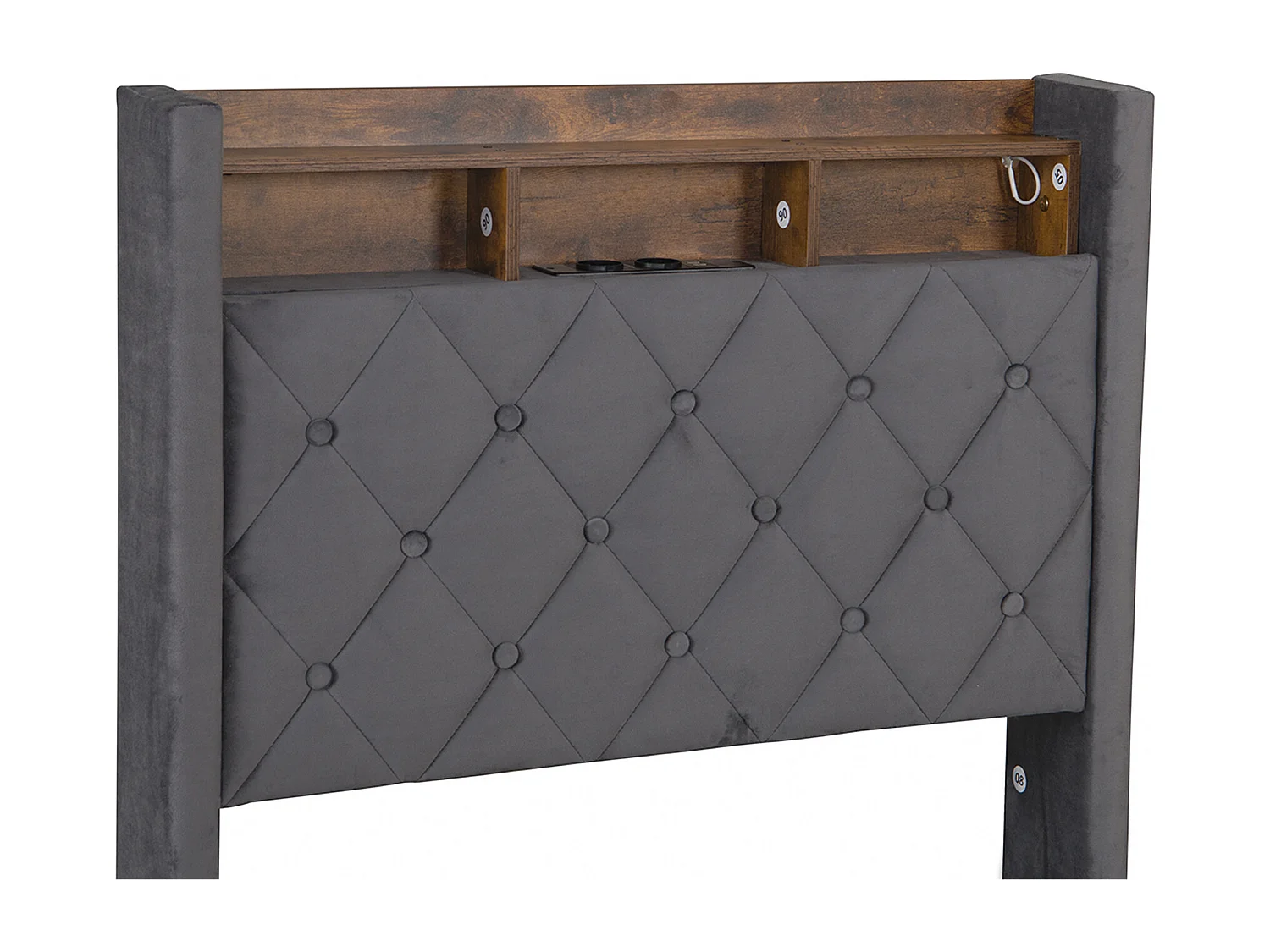 Lit coffre 90x190 cm, velours gris, Lit ado avec bande lumineuse LED et port de charge USB, sans matelas