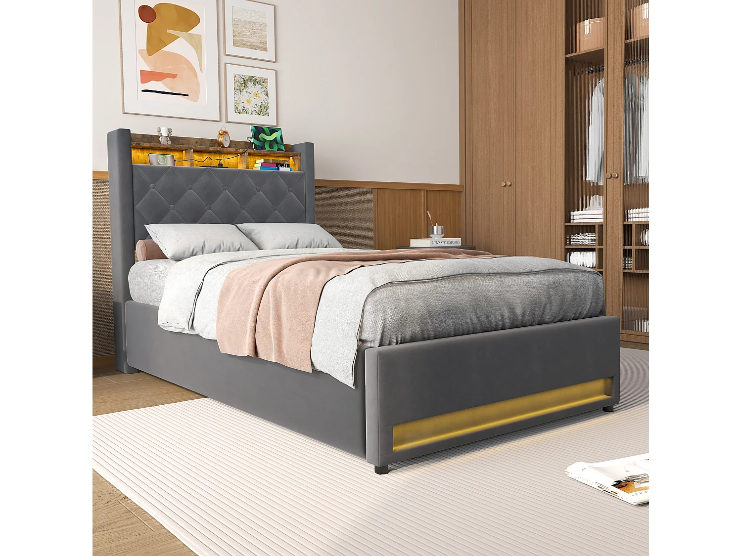 Lit coffre 90x190 cm, lit enfant avec  LED et  USB, sans matelas, en velours gris