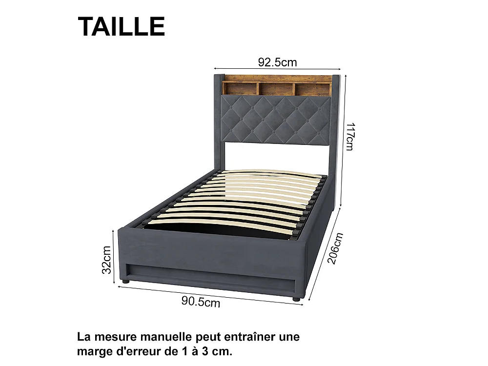 Lit coffre 90x190 cm, lit enfant avec  LED et  USB, sans matelas, en velours gris