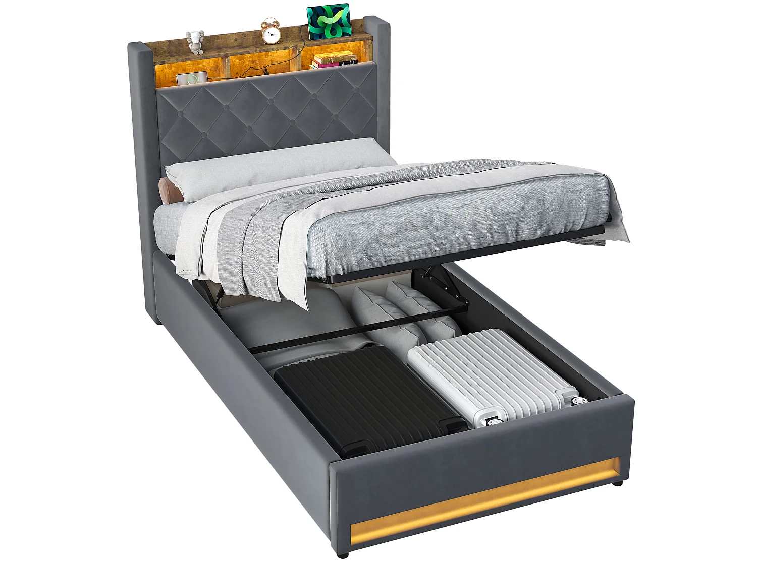Lit coffre 90x190 cm, lit enfant avec  LED et  USB, sans matelas, en velours gris