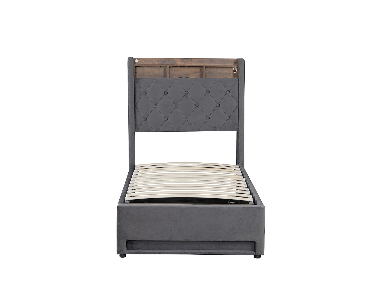 Lit coffre 90x190 cm, lit enfant avec  LED et  USB, sans matelas, en velours gris