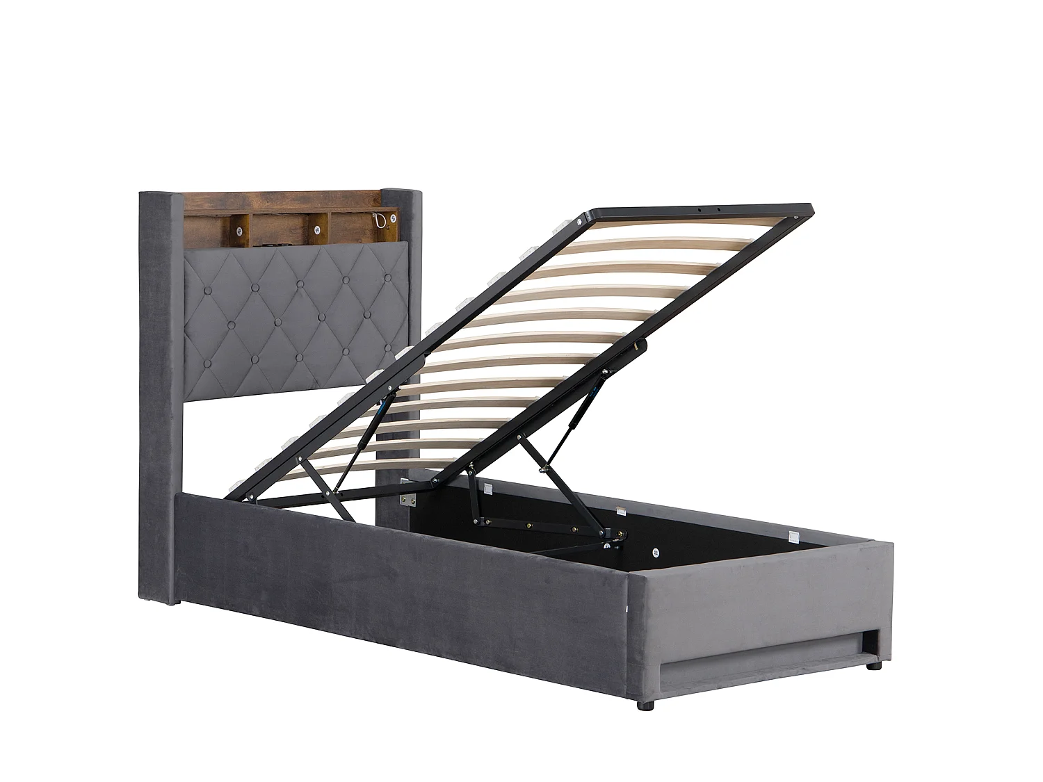 Lit coffre 90x190 cm, lit enfant avec  LED et  USB, sans matelas, en velours gris