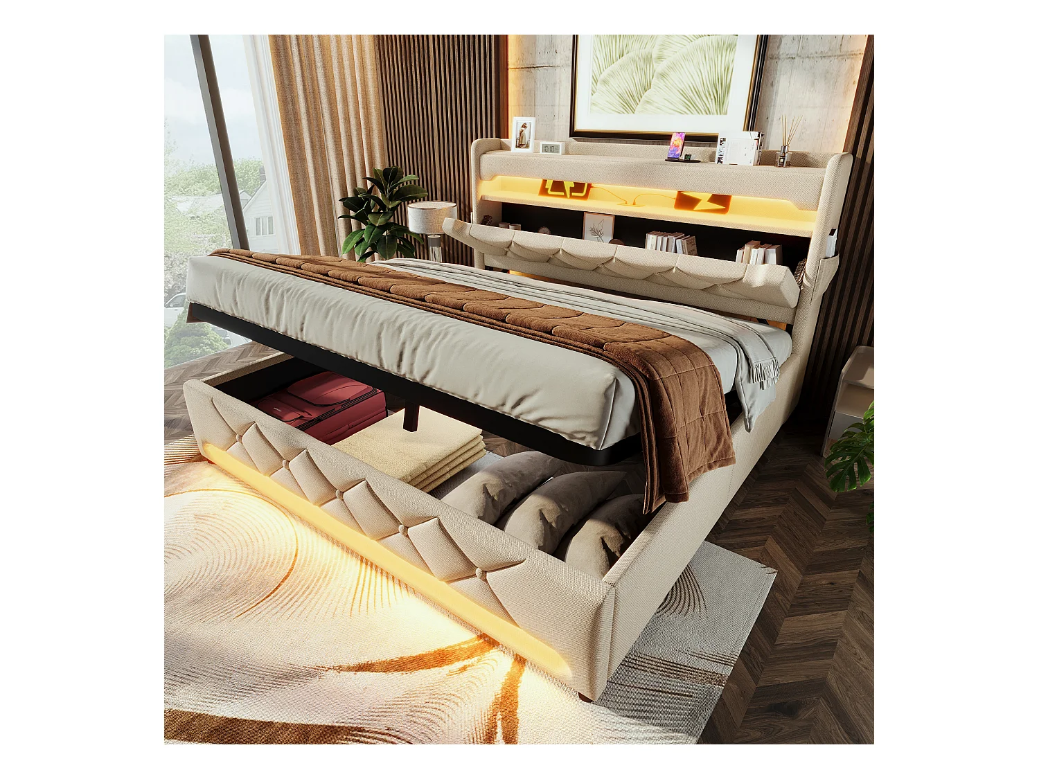 Lit coffre 140x200 cm, lin beige, Lit double avec chargement USB et éclairage LED, coffre hydraulique, sans matelas