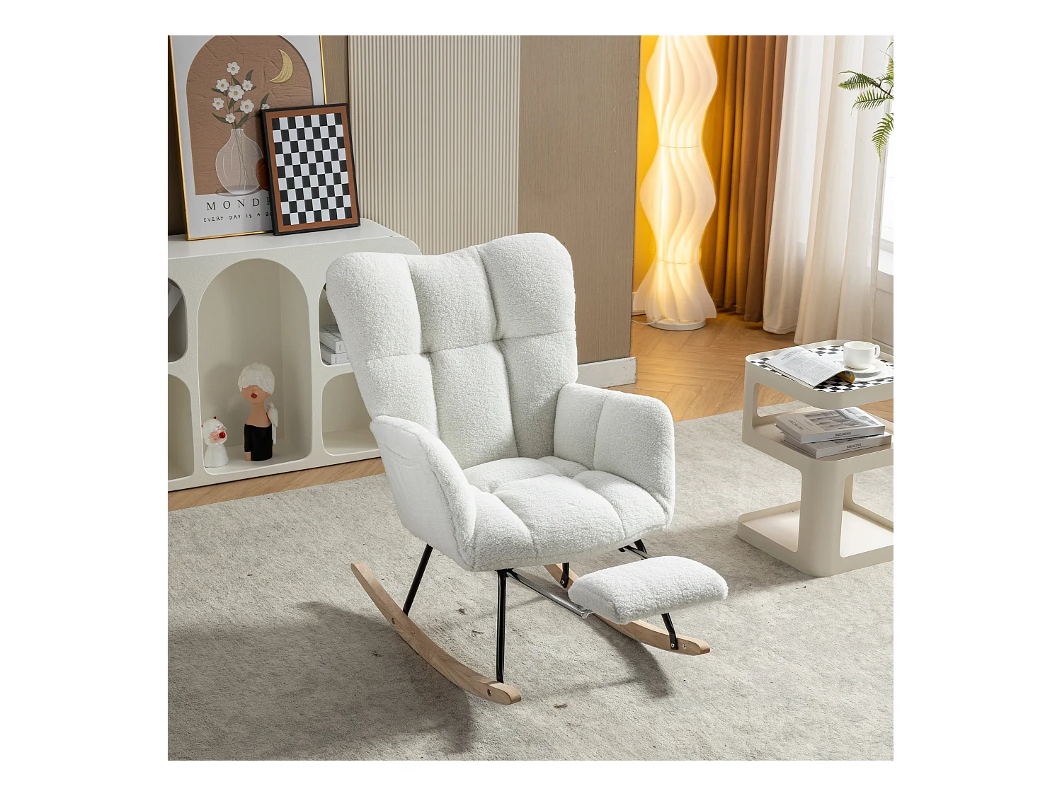 Fauteuil à bascule rembourré, peluche, fauteuil à bascule blanc avec repose-pieds rétractable, structure en métal
