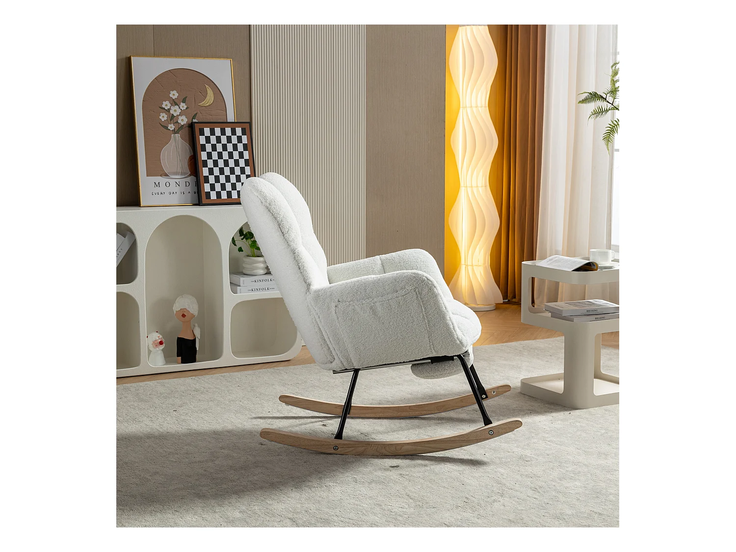 Fauteuil à bascule rembourré, peluche, fauteuil à bascule blanc avec repose-pieds rétractable, structure en métal