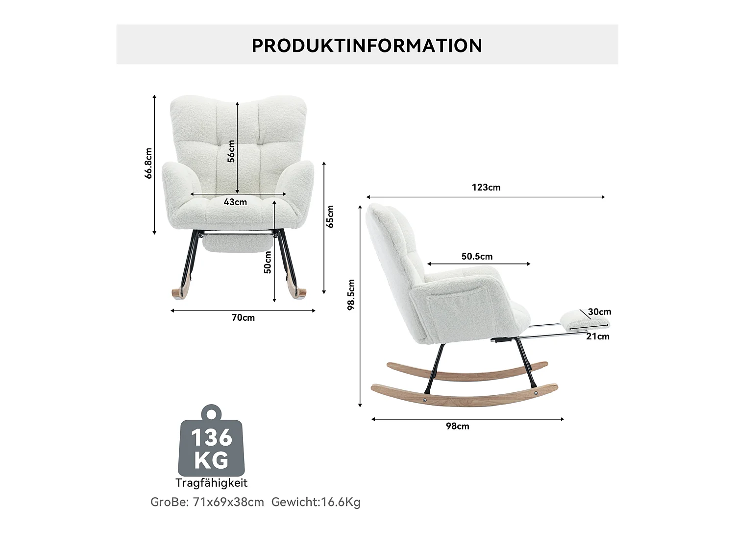 Fauteuil à bascule rembourré, peluche, fauteuil à bascule blanc avec repose-pieds rétractable, structure en métal