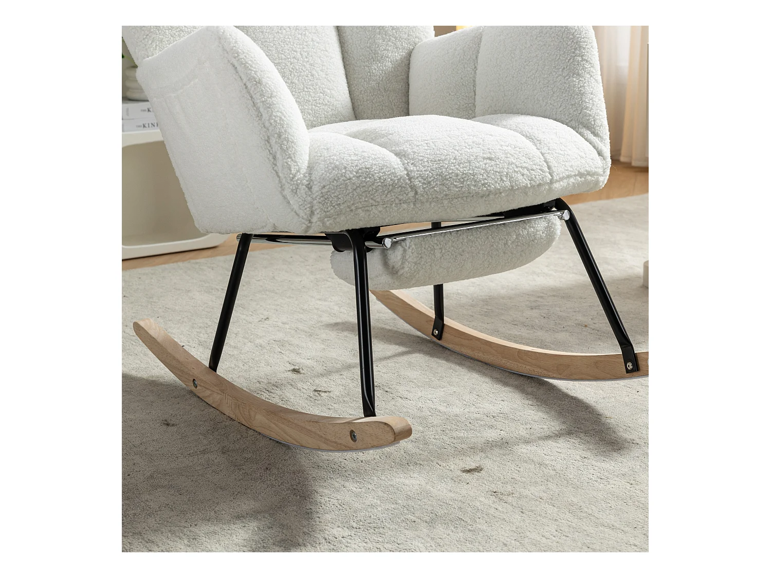 Fauteuil à bascule rembourré, peluche, fauteuil à bascule blanc avec repose-pieds rétractable, structure en métal