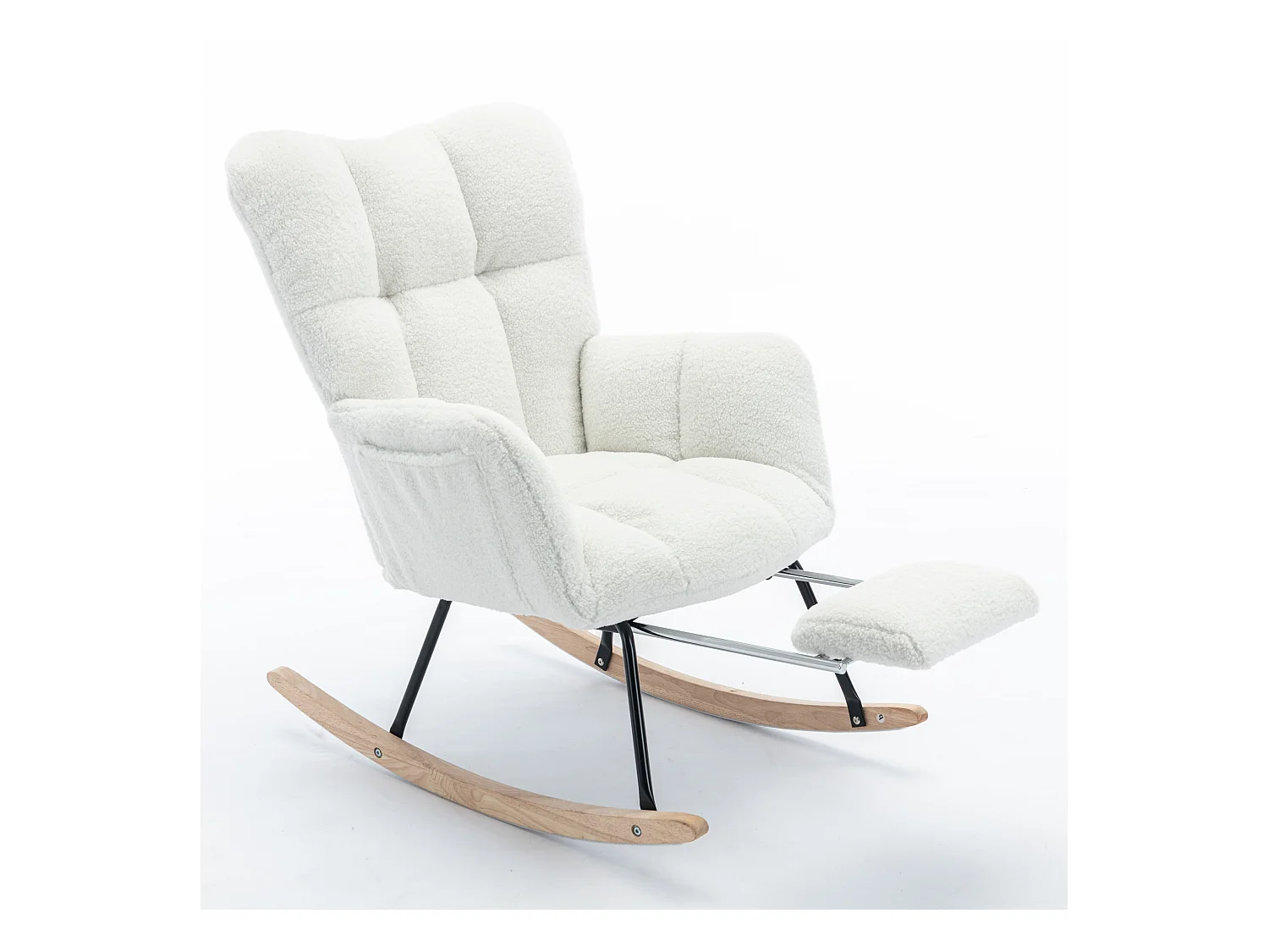 Fauteuil à bascule rembourré, peluche, fauteuil à bascule blanc avec repose-pieds rétractable, structure en métal
