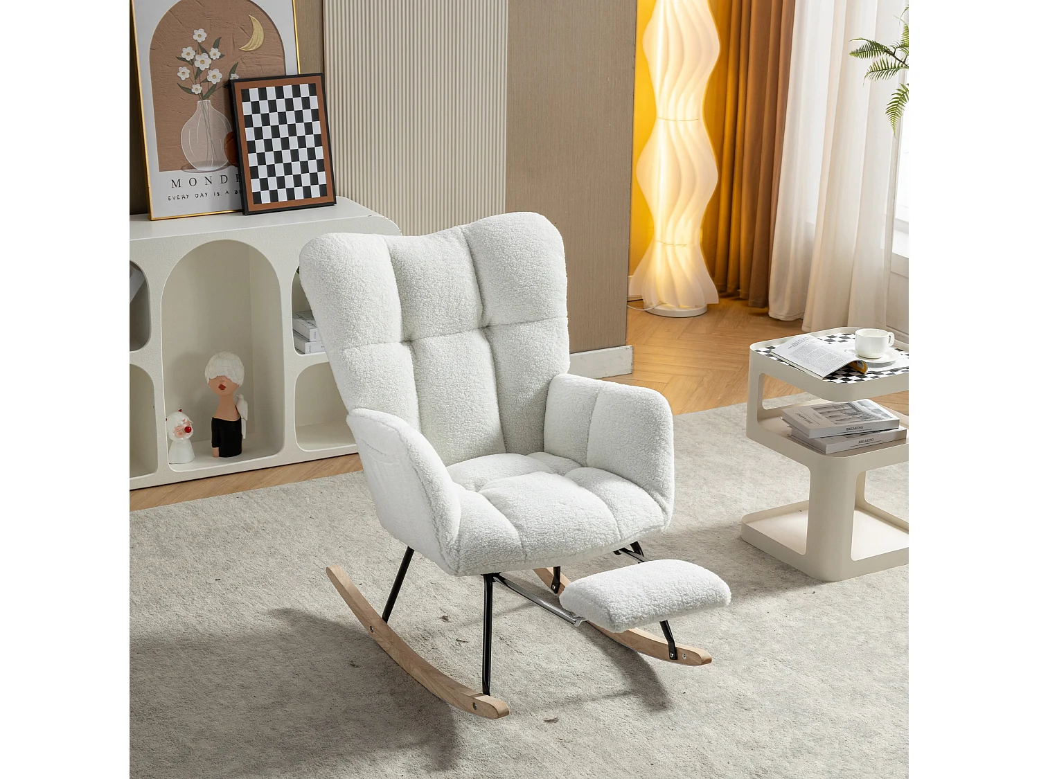 Fauteuil à bascule rembourré, peluche, fauteuil à bascule blanc avec repose-pieds rétractable, structure en métal