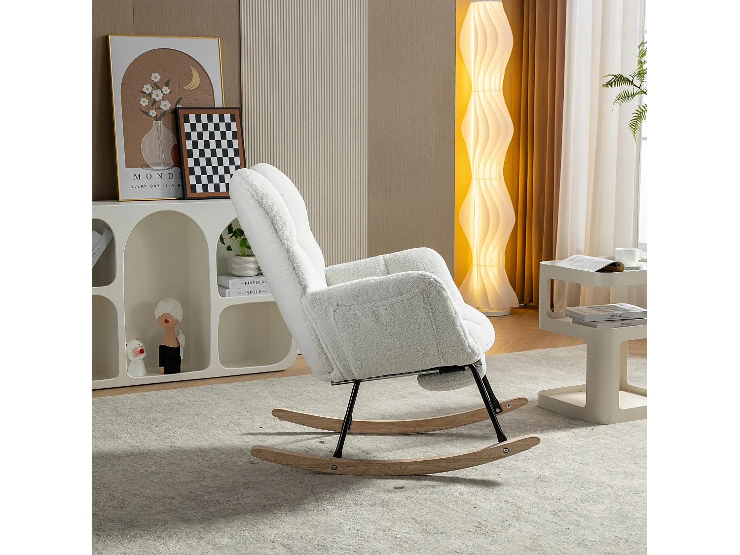 Fauteuil à bascule rembourré, peluche, fauteuil à bascule blanc avec repose-pieds rétractable, structure en métal