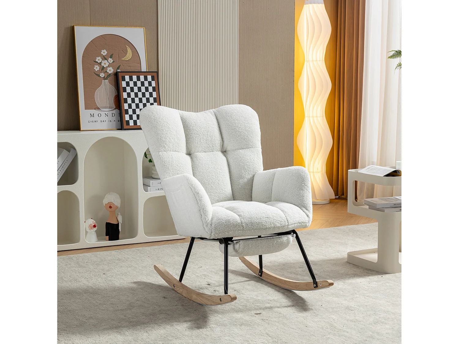 Fauteuil à bascule rembourré, peluche, fauteuil à bascule blanc avec repose-pieds rétractable, structure en métal