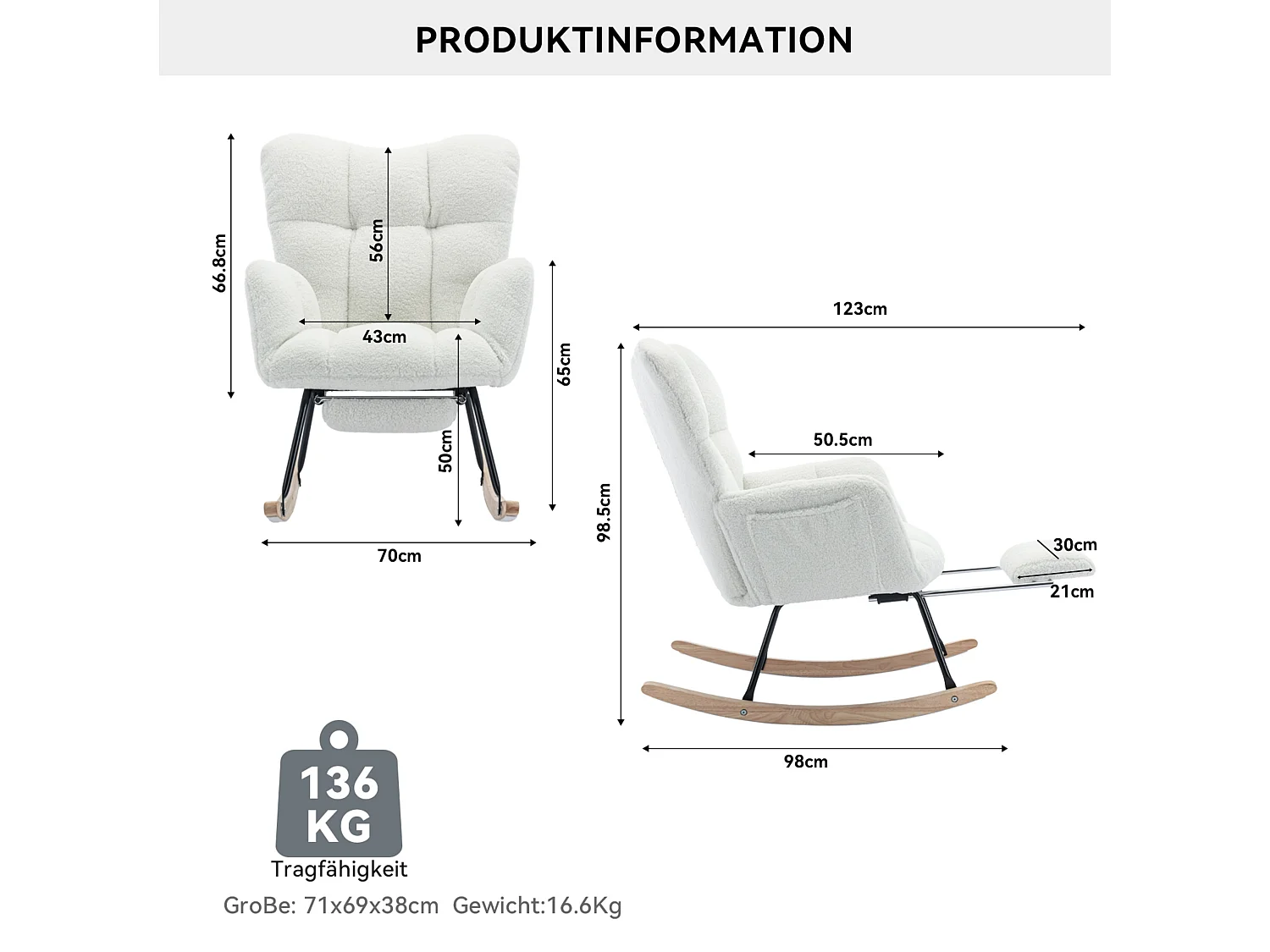 Fauteuil à bascule rembourré, peluche, fauteuil à bascule blanc avec repose-pieds rétractable, structure en métal