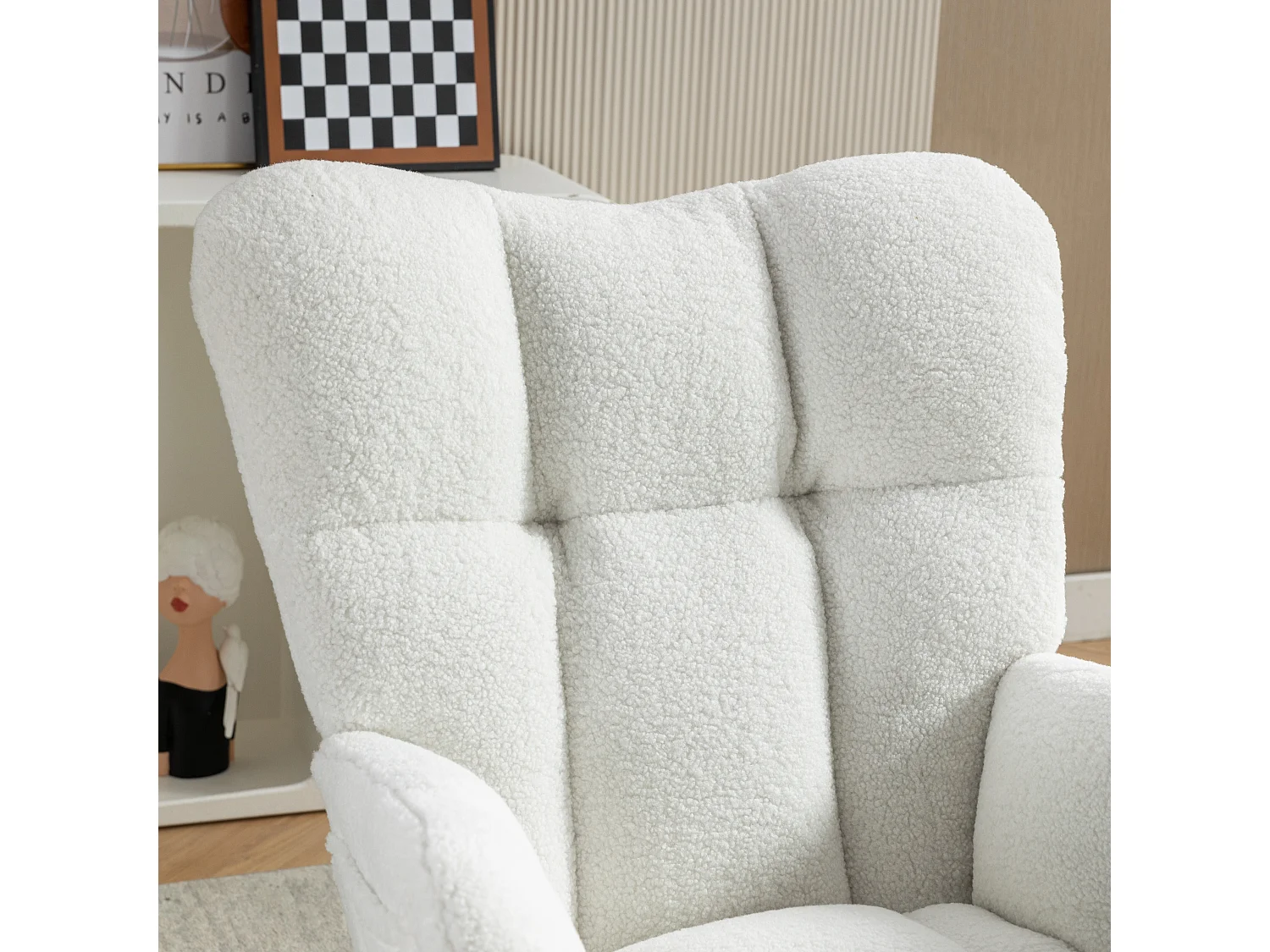 Fauteuil à bascule rembourré, peluche, fauteuil à bascule blanc avec repose-pieds rétractable, structure en métal