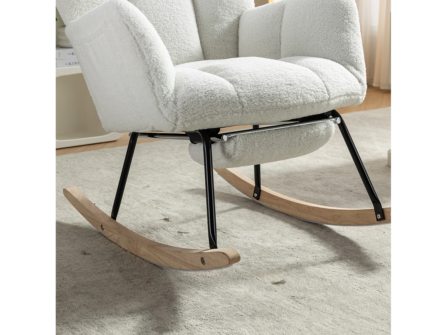 Fauteuil à bascule rembourré, peluche, fauteuil à bascule blanc avec repose-pieds rétractable, structure en métal