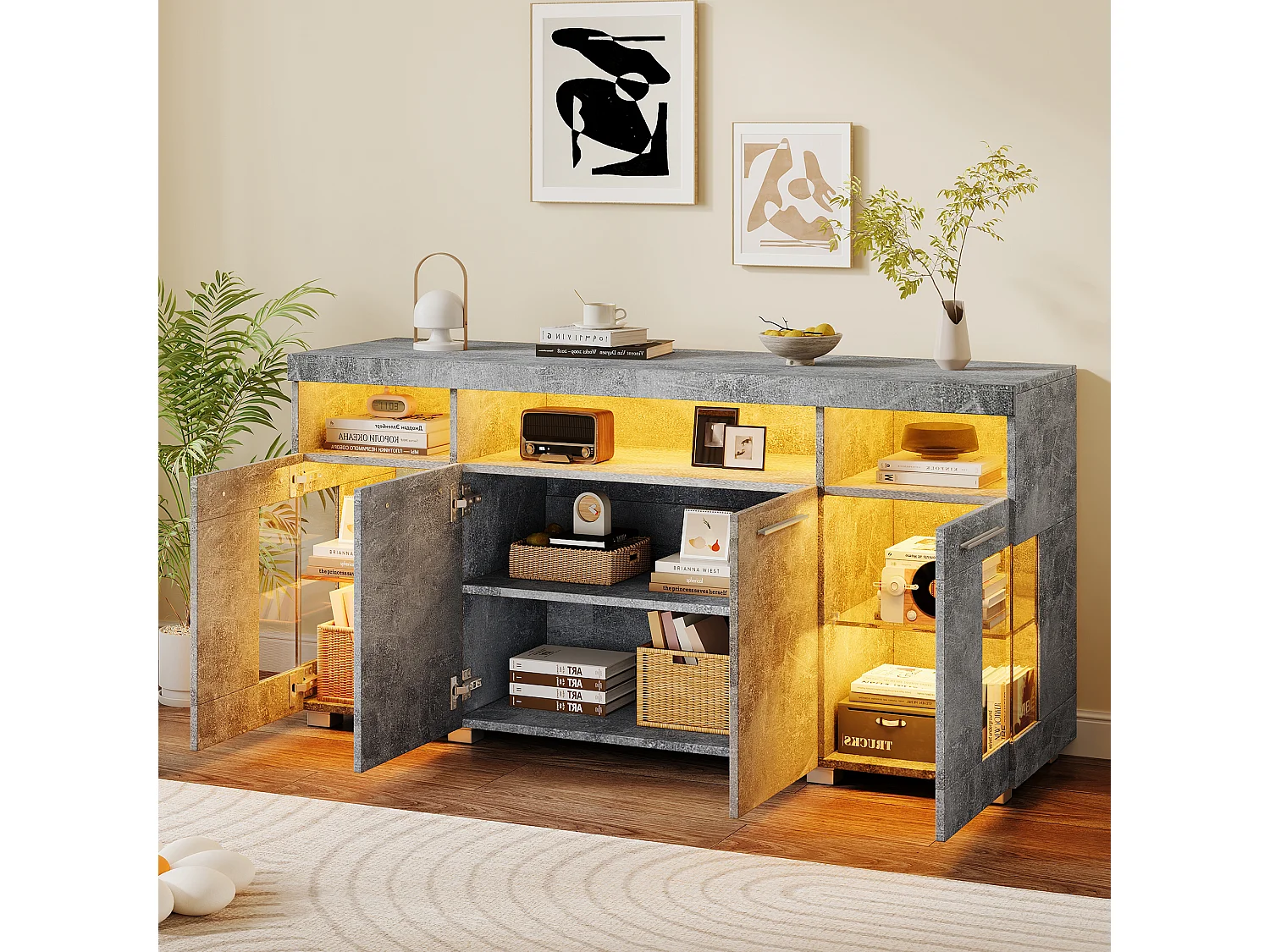 Buffet gris avec LED, 140x40x70 cm, 4 portes et compartiments de rangement, pour salon et salle à manger