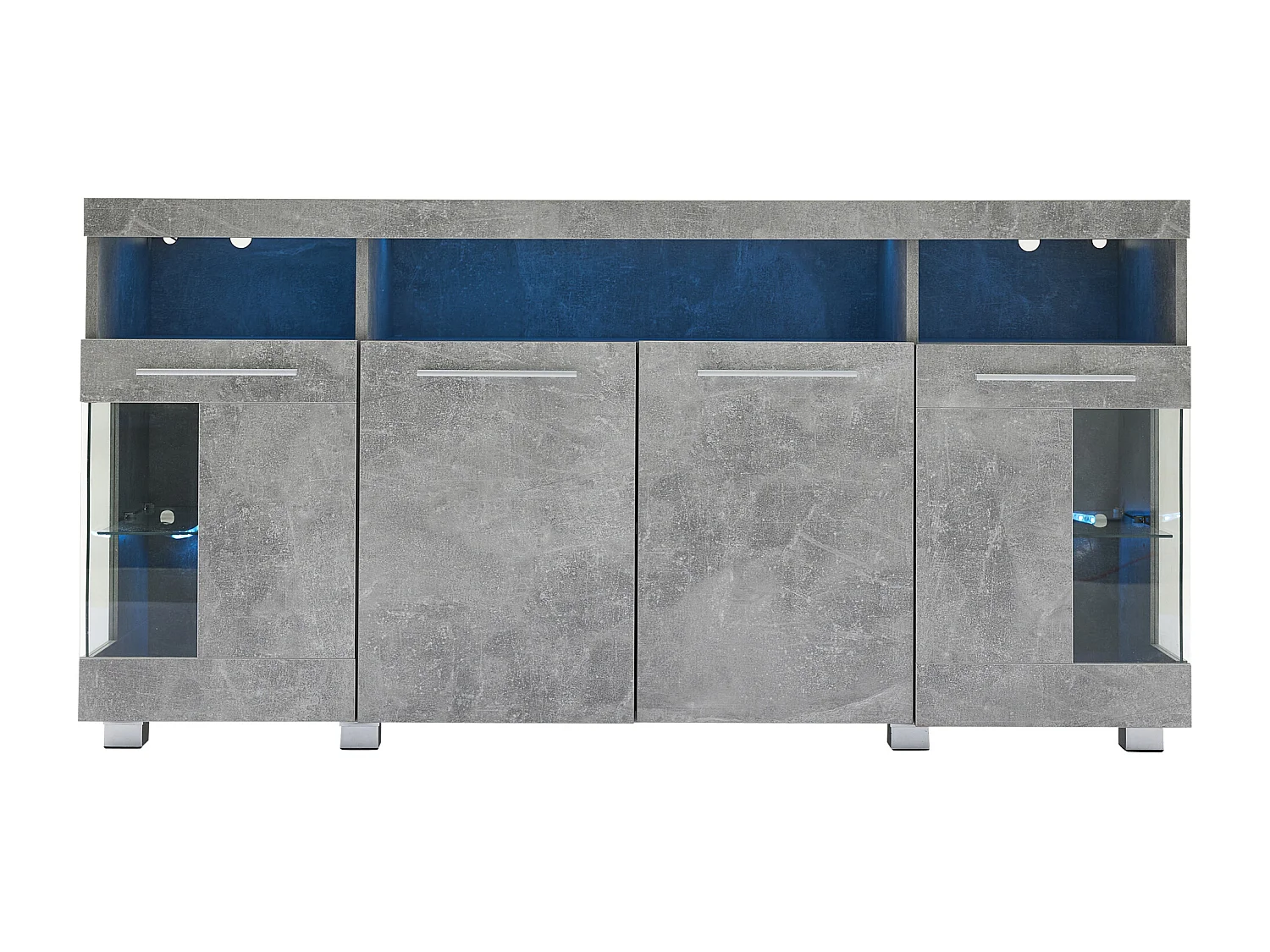 Buffet gris avec LED, 140x40x70 cm, 4 portes et compartiments de rangement, pour salon et salle à manger