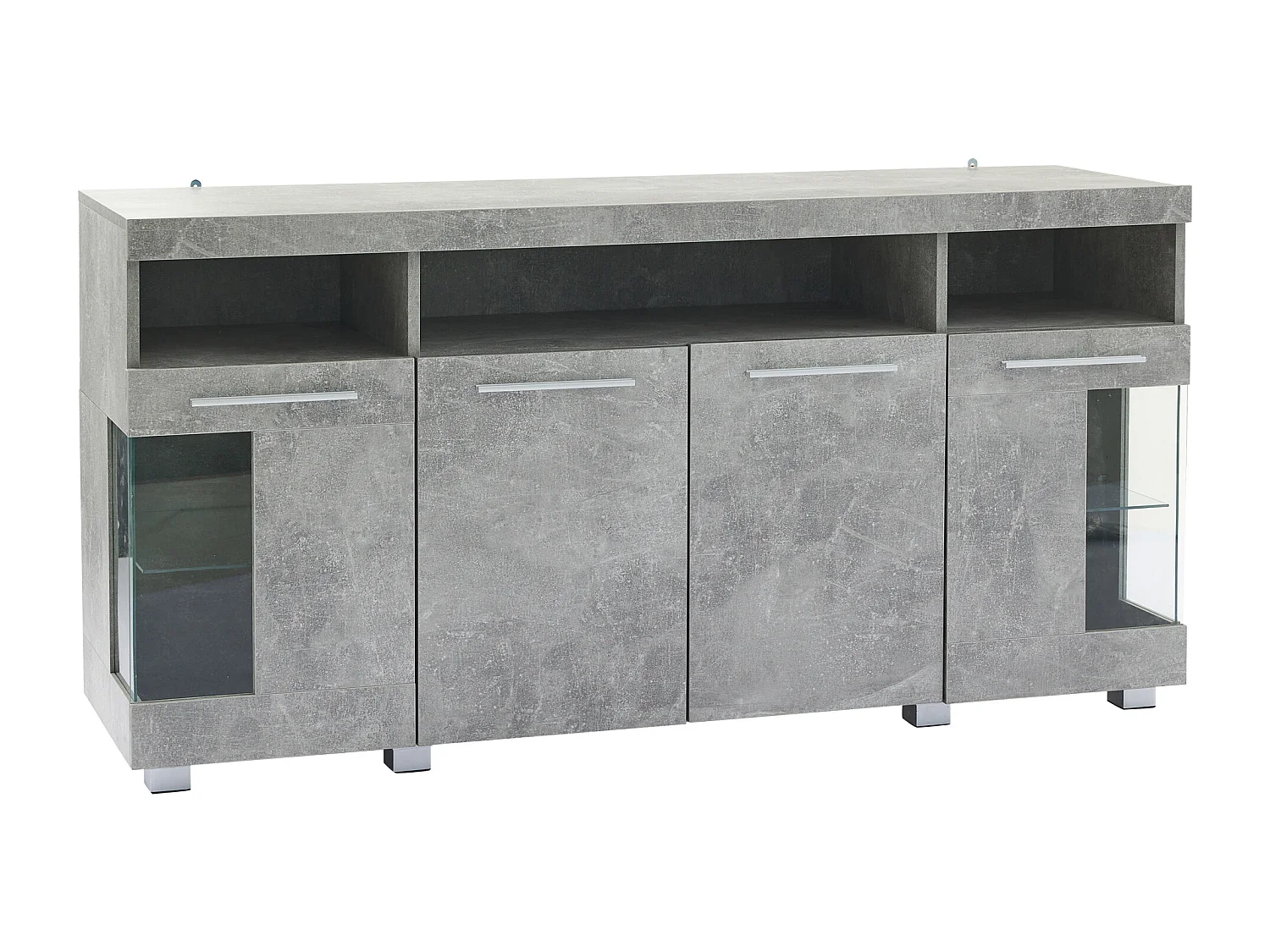 Buffet gris avec LED, 140x40x70 cm, 4 portes et compartiments de rangement, pour salon et salle à manger