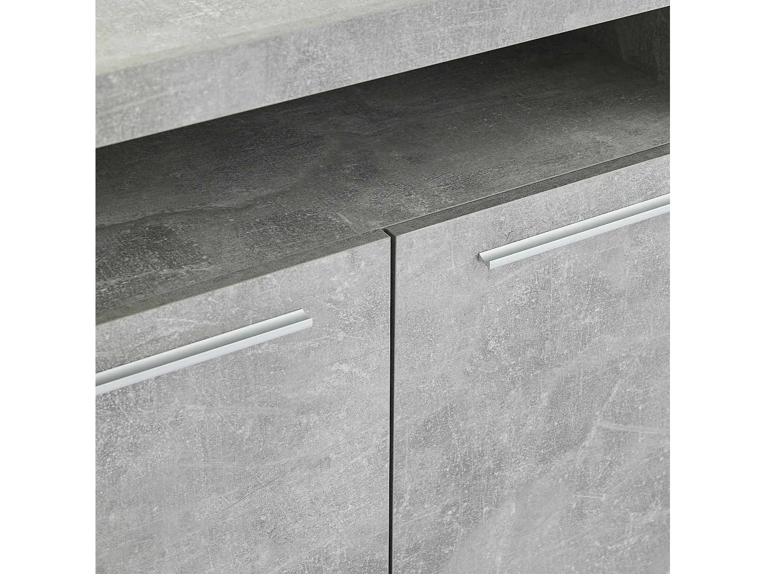 Buffet gris avec LED, 140x40x70 cm, 4 portes et compartiments de rangement, pour salon et salle à manger