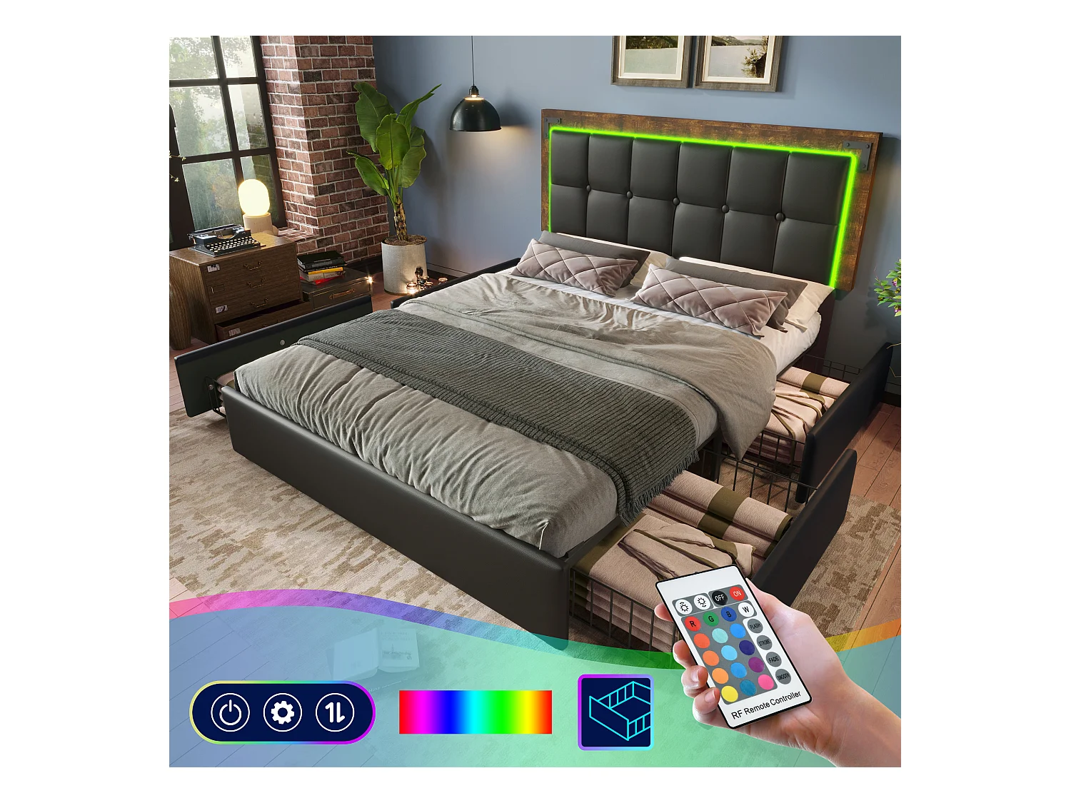 Cama doble de 160 x 200 cm, de poliuretano negro, con cabecero ajustable y 4 cajones, iluminación LED, sin colchón