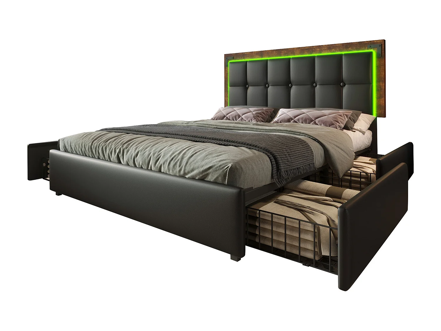 Cama doble de 160 x 200 cm, de poliuretano negro, con cabecero ajustable y 4 cajones, iluminación LED, sin colchón