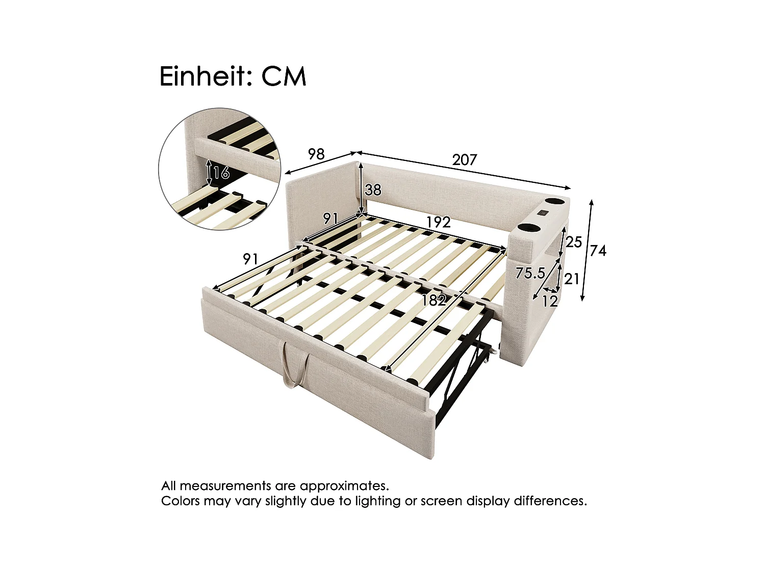 Letto estraibile 90x190 cm, lino beige, divano letto con presa USB, portabicchieri e ripiano portaoggetti, materasso non incluso