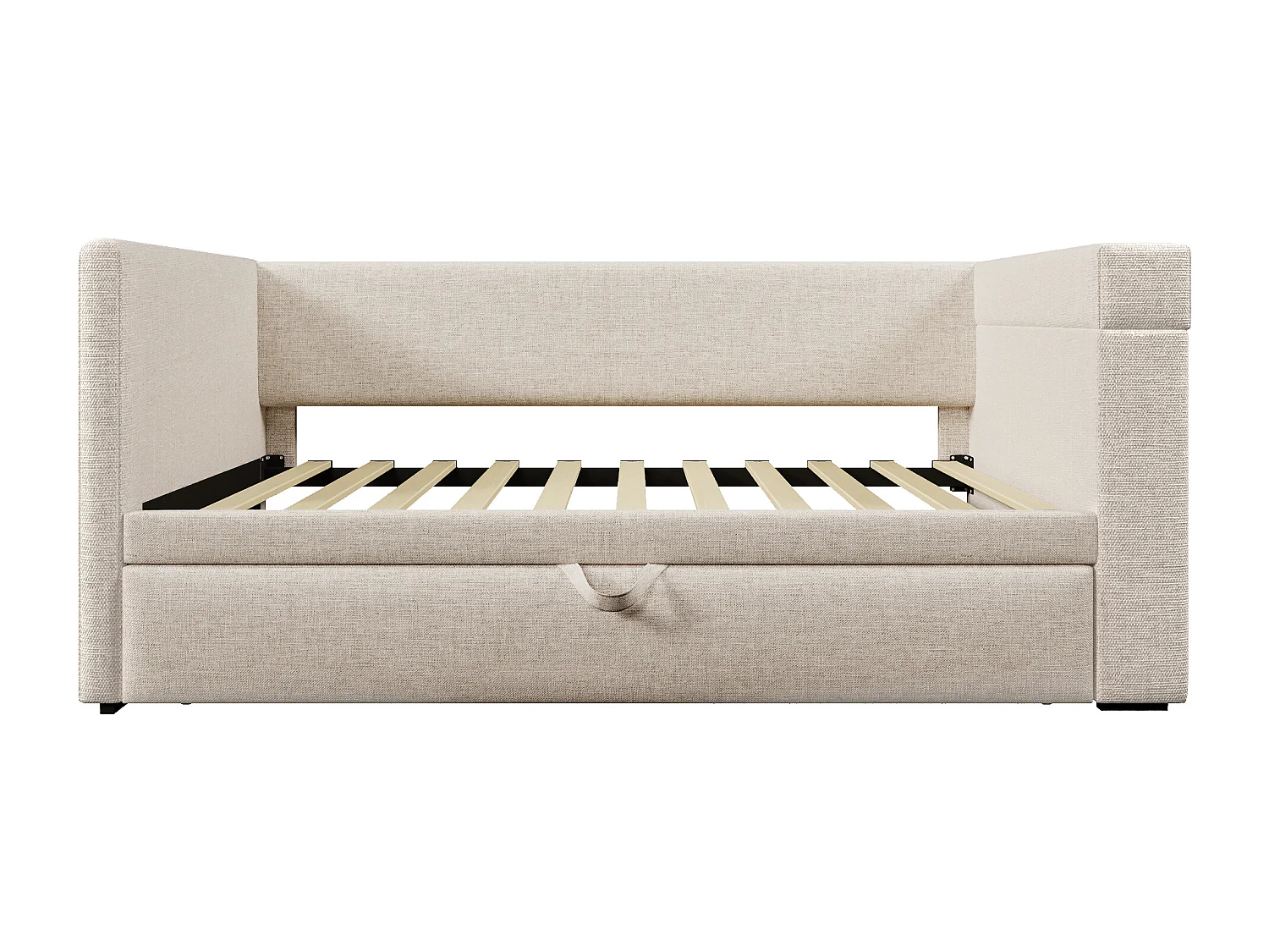 Lit banquette 90x190 cm, lin beige, Lit gigogne avec chargement USB, porte-gobelet et étagère de rangement, sans matelas