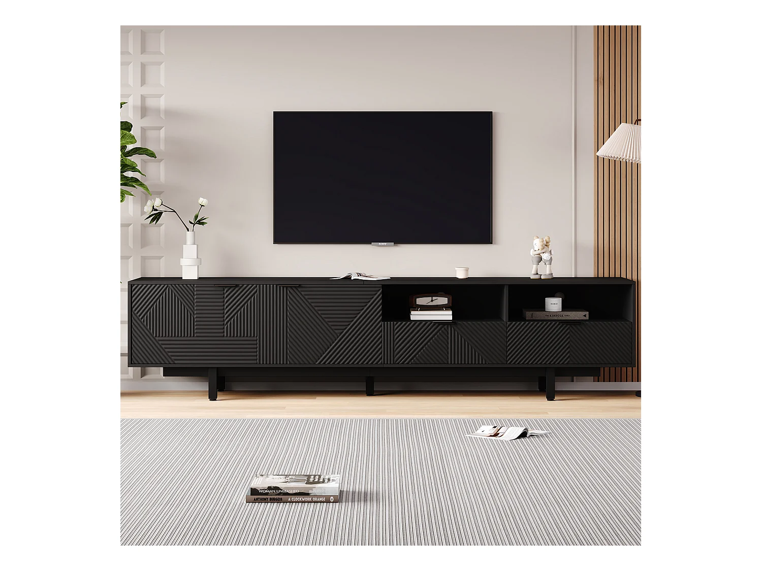 Stojak pod TV 200 cm, czarna szafka pod TV z 2 drzwiami i 2 szufladami, nowoczesny styl, do salonu i biura