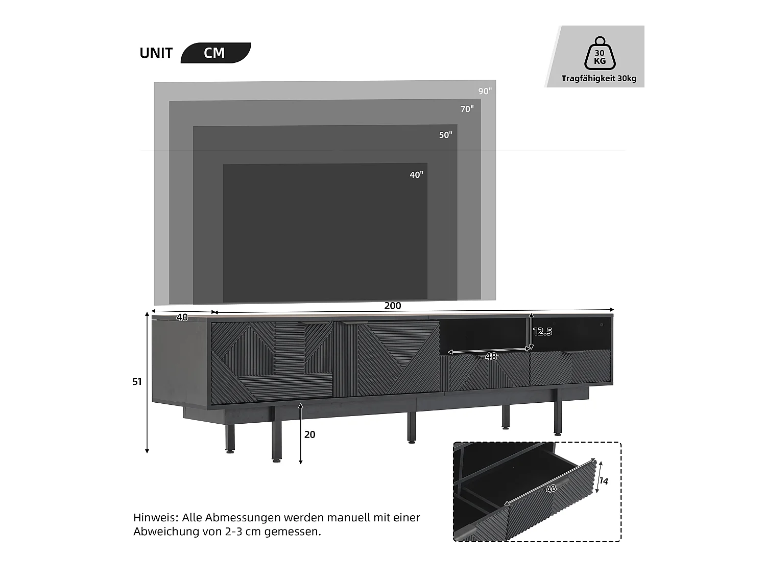 Meuble TV 200 cm, meuble TV noir avec 2 portes et 2 tiroirs, pour salon et bureau