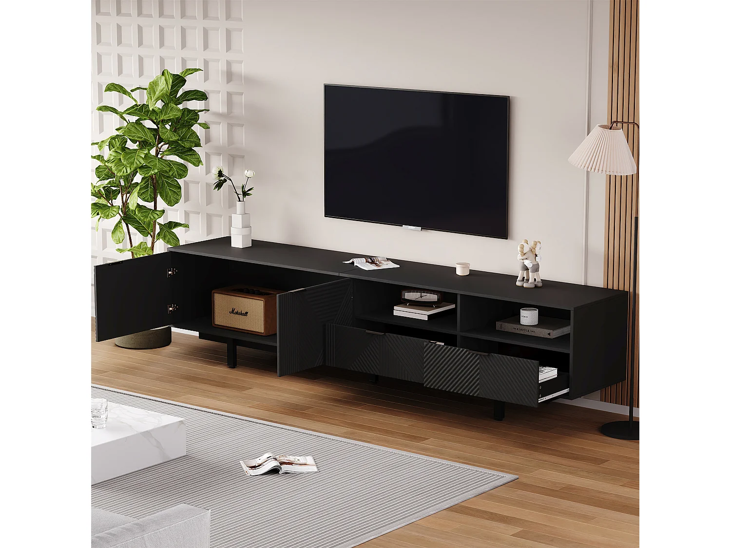 200 cm TV-Ständer, schwarzer TV-Schrank mit 2 Türen und 2 Schubladen, moderner Stil, für Wohnzimmer und Büro