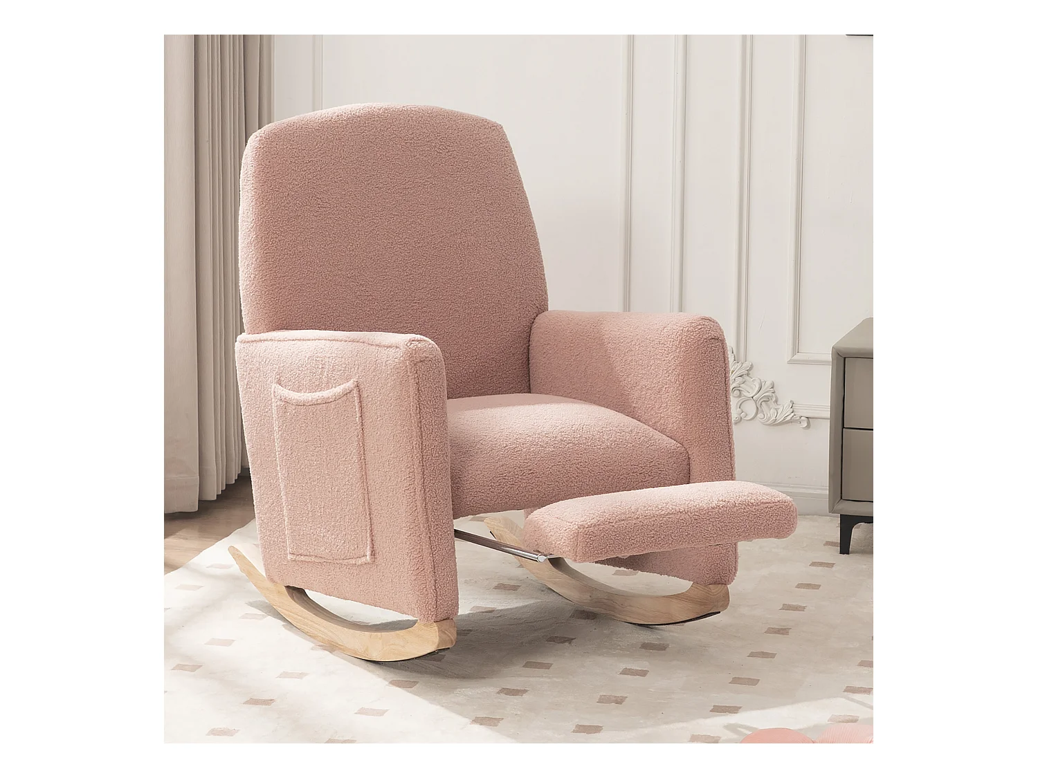Fauteuil à bascule de salon, peluche rose, fauteuil à bascule avec repose-pieds rétractable, structure en bois