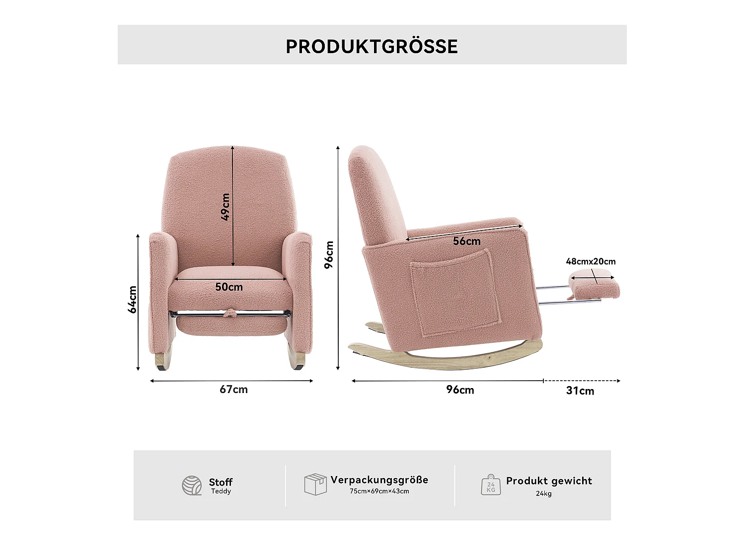 Fauteuil à bascule de salon, peluche rose, fauteuil à bascule avec repose-pieds rétractable, structure en bois