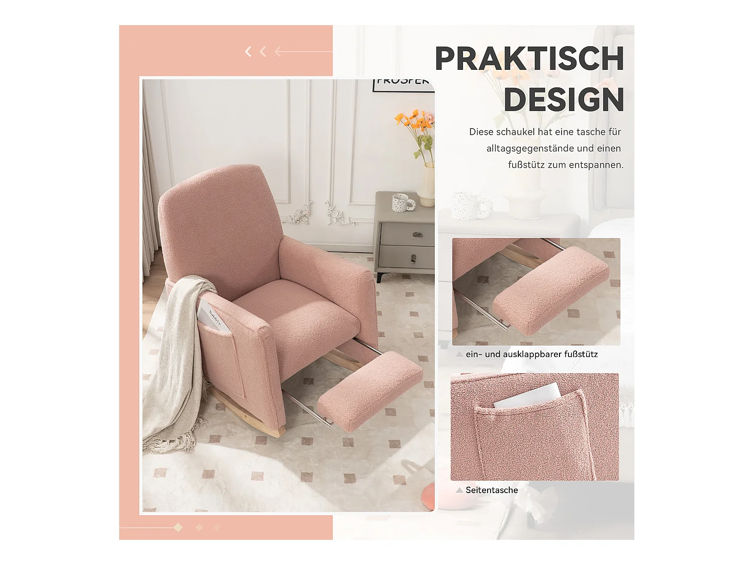 Fauteuil à bascule de salon, peluche rose, fauteuil à bascule avec repose-pieds rétractable, structure en bois