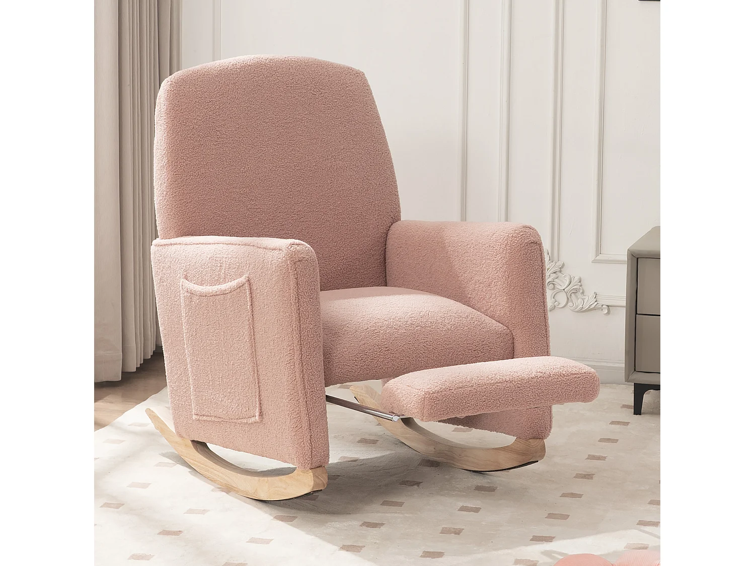 Wohnzimmer-Schaukelstuhl, rosa Plüsch, Schaukelstuhl mit einziehbarer Fußstütze, Holzgestell