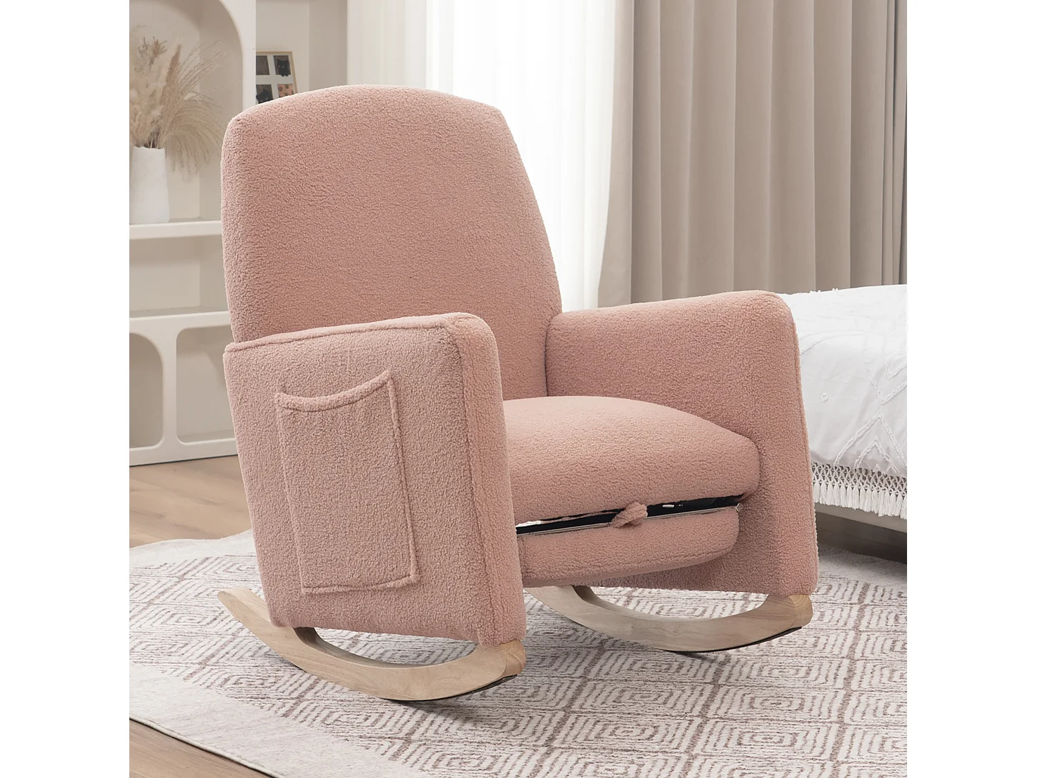 Wohnzimmer-Schaukelstuhl, rosa Plüsch, Schaukelstuhl mit einziehbarer Fußstütze, Holzgestell