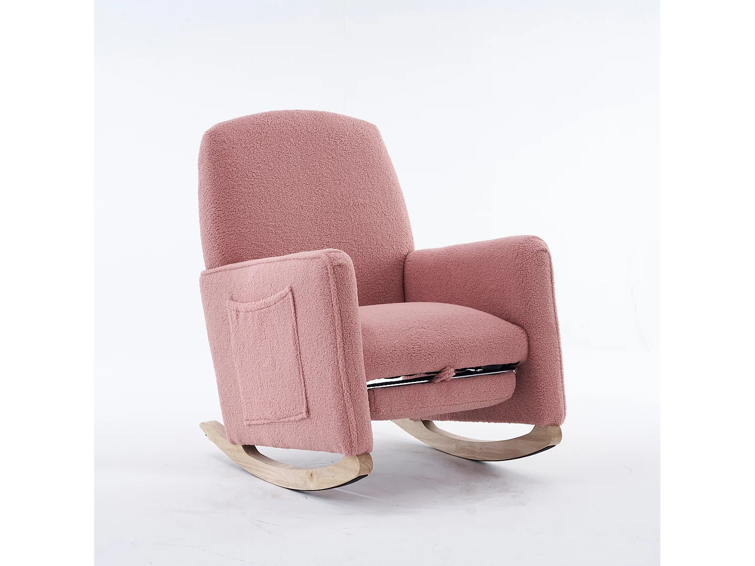 Wohnzimmer-Schaukelstuhl, rosa Plüsch, Schaukelstuhl mit einziehbarer Fußstütze, Holzgestell