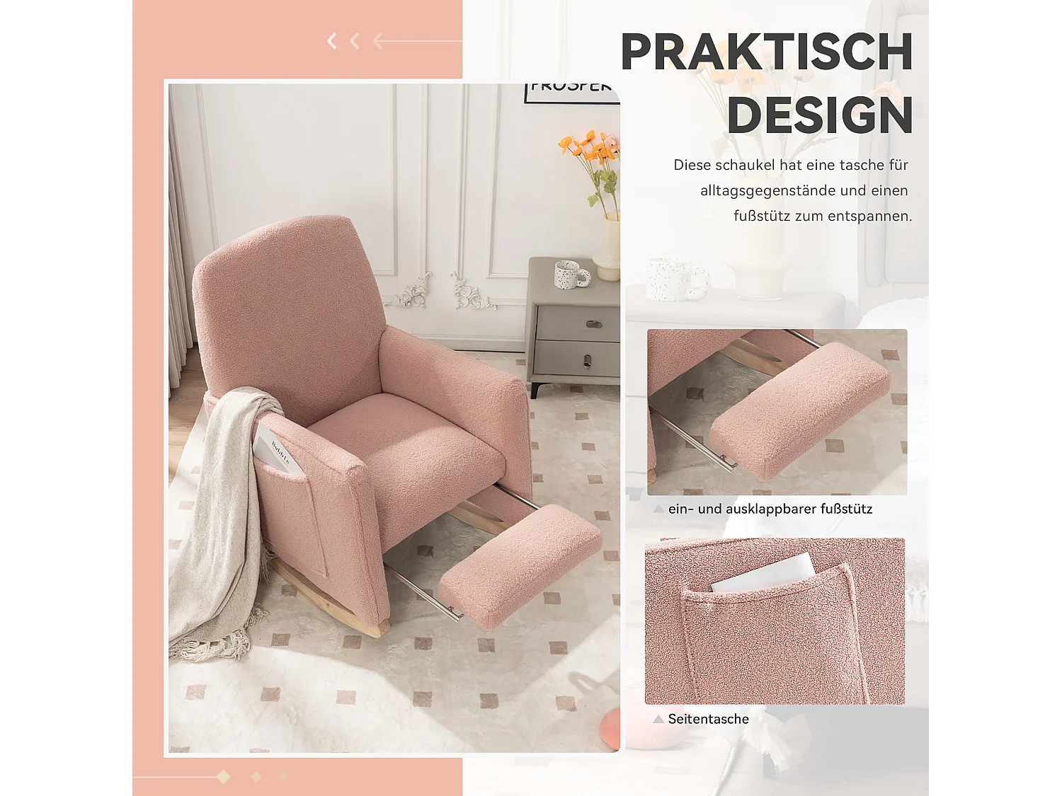 Wohnzimmer-Schaukelstuhl, rosa Plüsch, Schaukelstuhl mit einziehbarer Fußstütze, Holzgestell