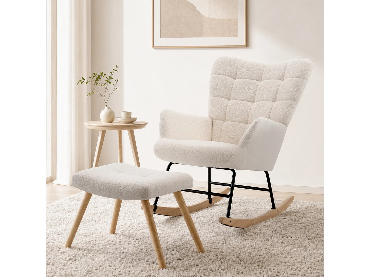 Rocking Chair, fauteuil à bascule en tissu blanc cassé avec repose-pieds