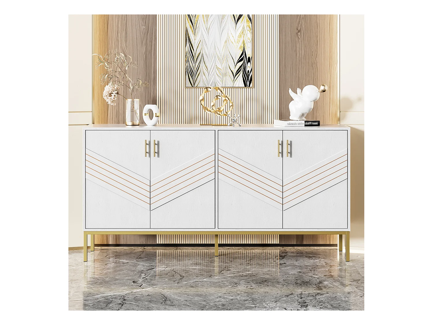 Buffet 4 portes blanc et or, design moderne avec rangements spacieux, pieds en métal, étagères réglables, 160x40x80,5 cm