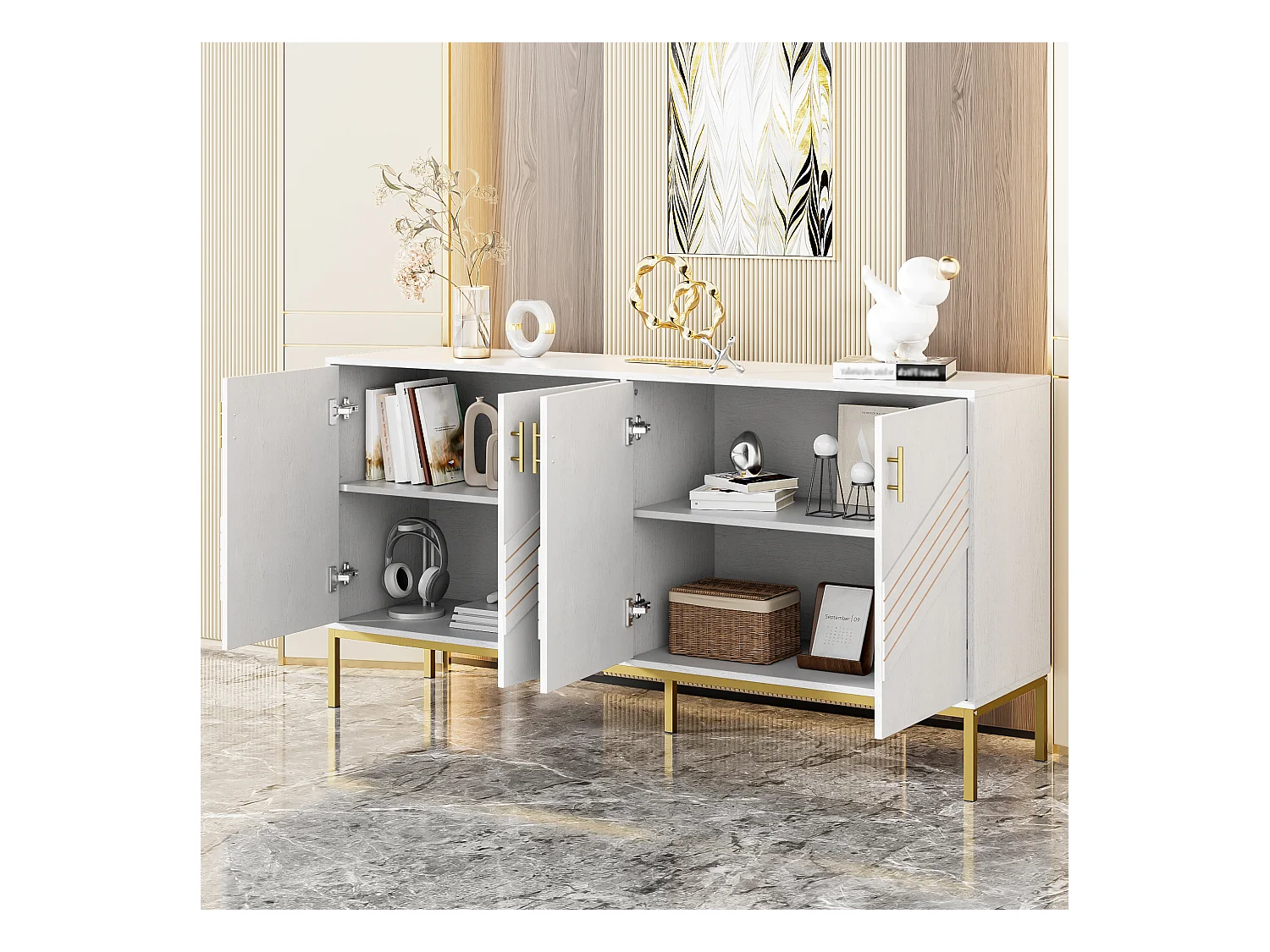 Buffet 4 portes blanc et or, design moderne avec rangements spacieux, pieds en métal, étagères réglables, 160x40x80,5 cm