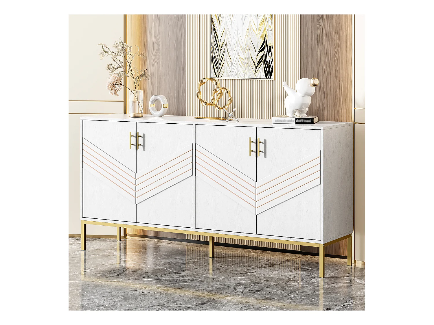 Buffet 4 portes blanc et or, design moderne avec rangements spacieux, pieds en métal, étagères réglables, 160x40x80,5 cm