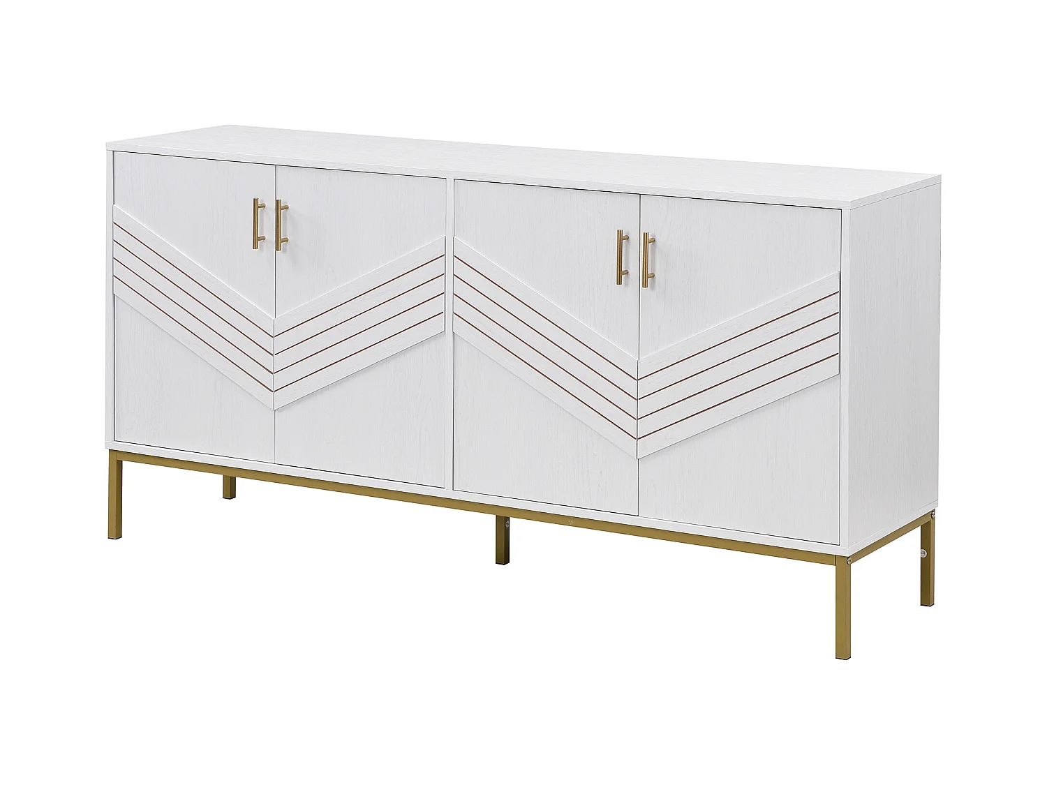 Buffet 4 portes blanc et or, design moderne avec rangements spacieux, pieds en métal, étagères réglables, 160x40x80,5 cm