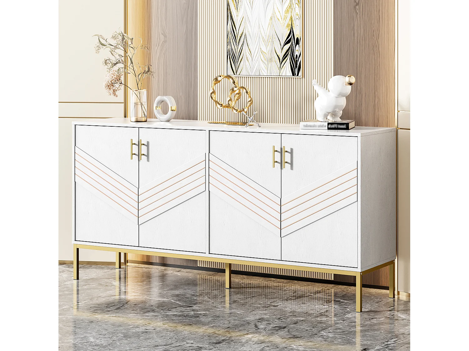 Buffet 4 portes blanc et or, design moderne avec rangements spacieux, pieds en métal, étagères réglables, 160x40x80,5 cm