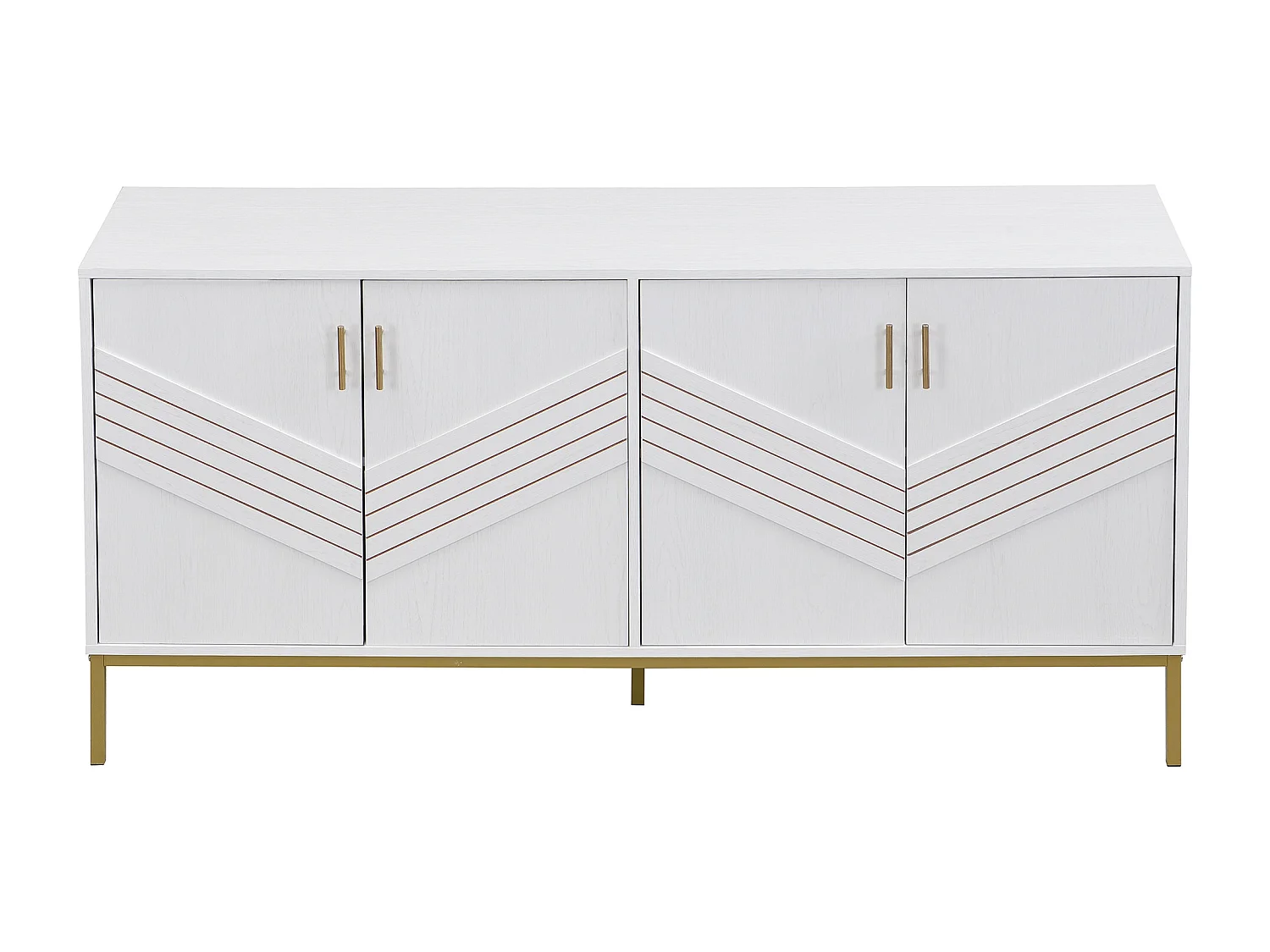 Buffet 4 portes blanc et or, design moderne avec rangements spacieux, pieds en métal, étagères réglables, 160x40x80,5 cm