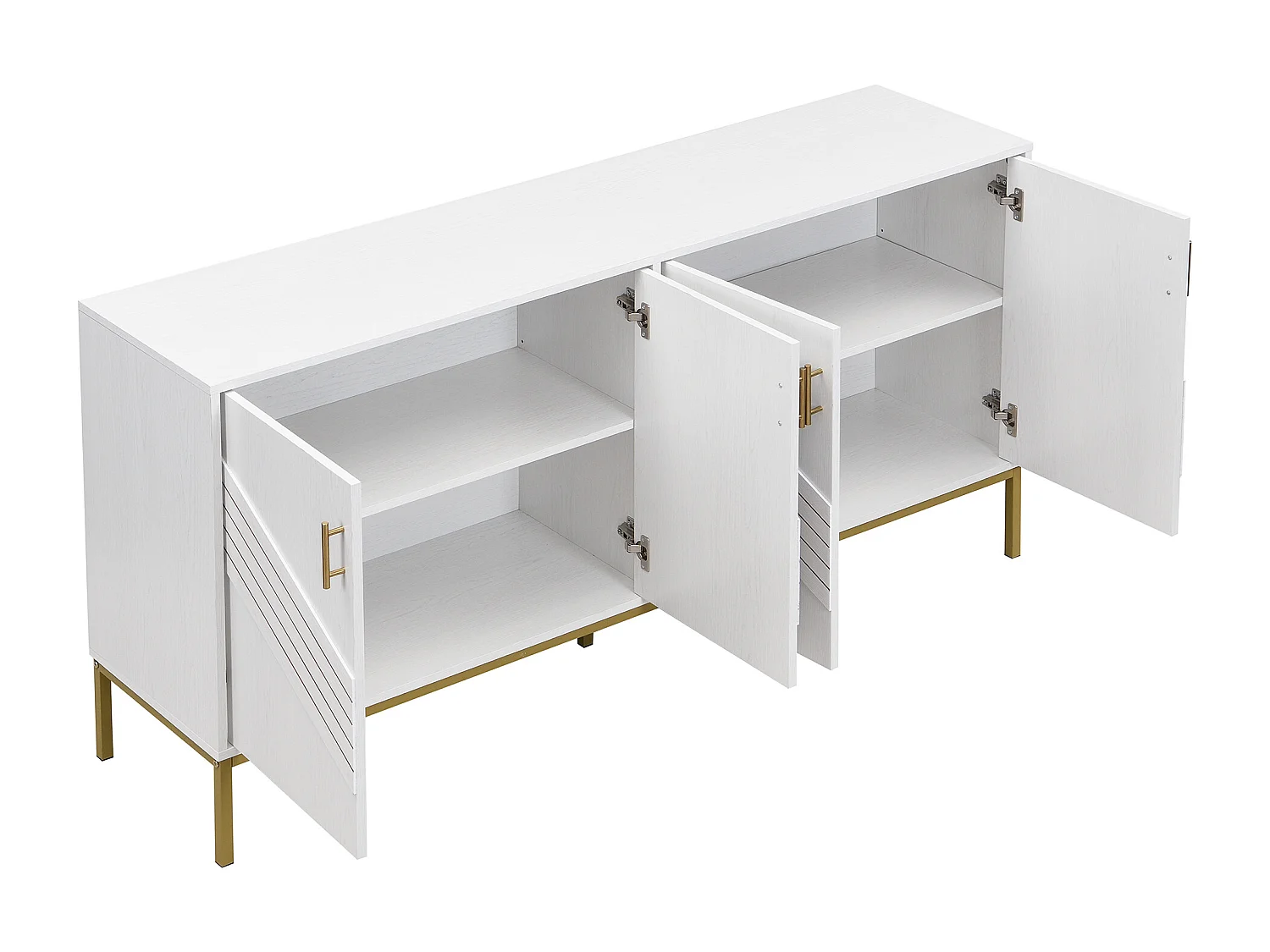 Buffet 4 portes blanc et or, design moderne avec rangements spacieux, pieds en métal, étagères réglables, 160x40x80,5 cm