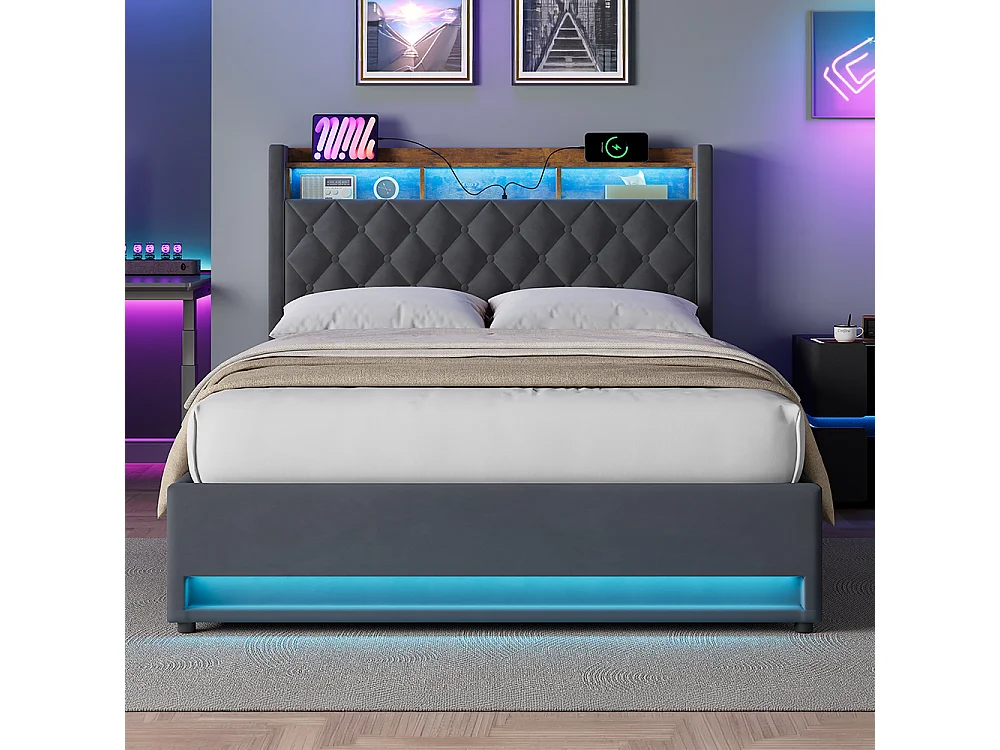 Łóżko z pojemnikiem dla dorosłych 140x200 cm, szary welur, z oświetleniem LED i portem ładowania USB, bez materaca